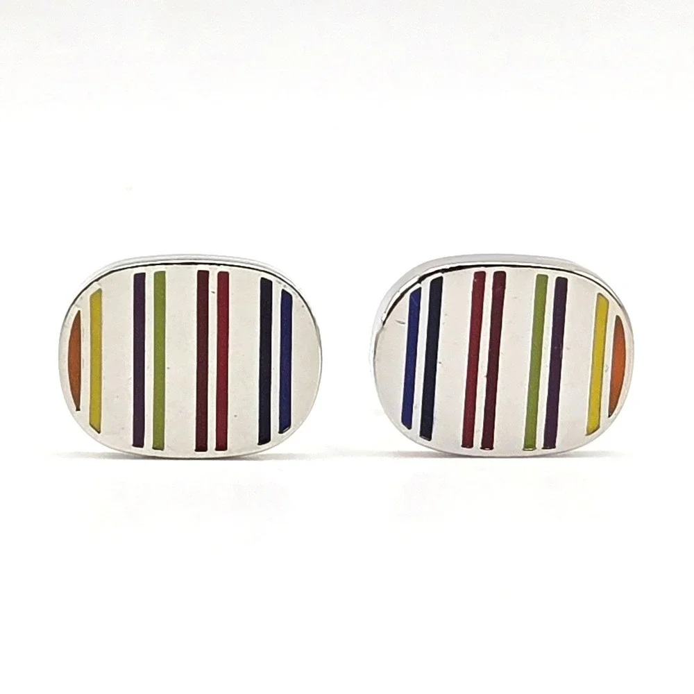 Mens‎ Silver Tone Multi Color Enamel Striped Oval Whale Back Modern Cufflinks
